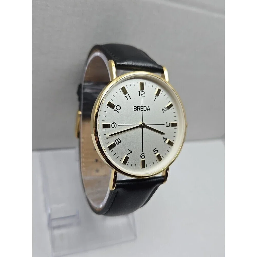 Breda Gold White Dial Quartz Unisex Watch Black Leather Strap New Battery Dallas